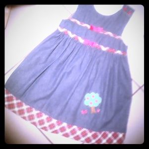 Vintage blue jean jumper apple tree plaid